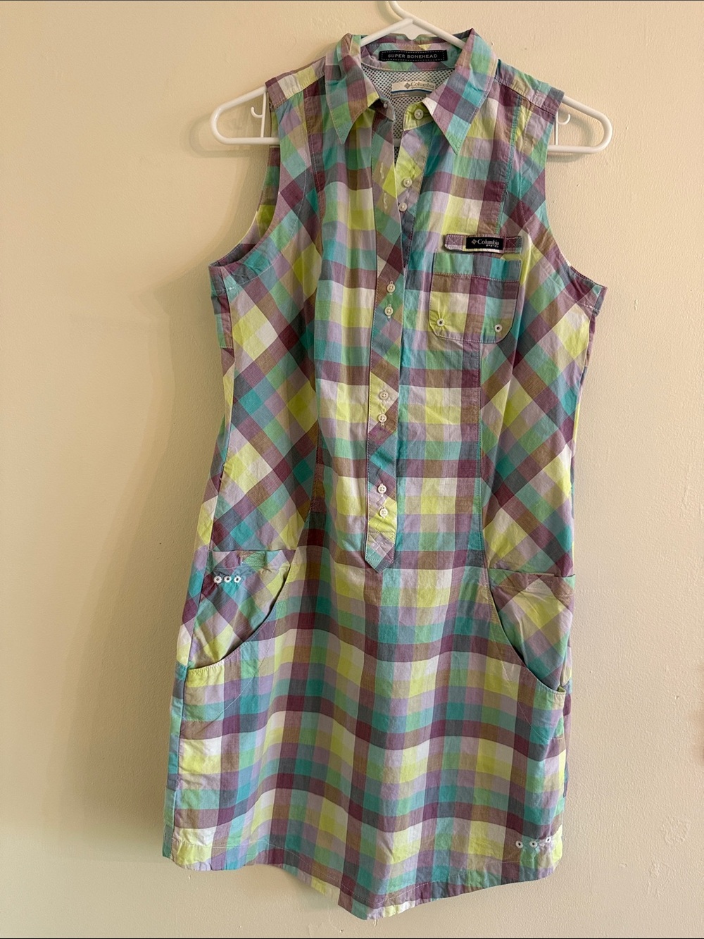NWOT-Columbia Pastel Plaid Sleeveless Shirt Dress size Medium